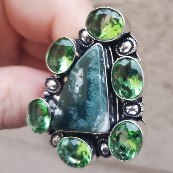 New Oversized Indian Moss Agate & Tsavorite 925 Silver Statement Ring. - Picture 4 of 16